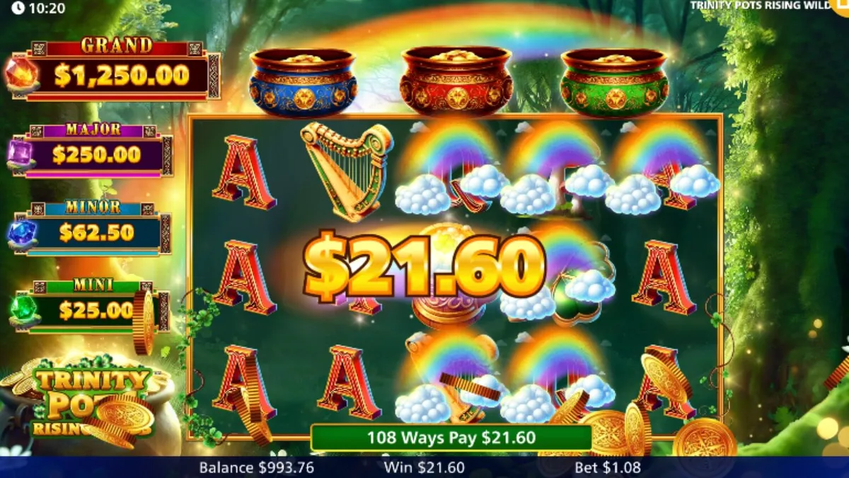 Tampilan visual slot Trinity Pots Rising Wilds dengan tema Irlandia yang ceria